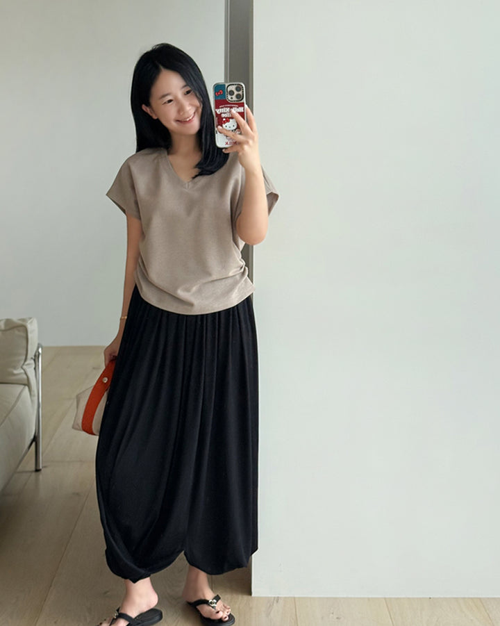 Draped Elastic Waist Balloon Long Skirt