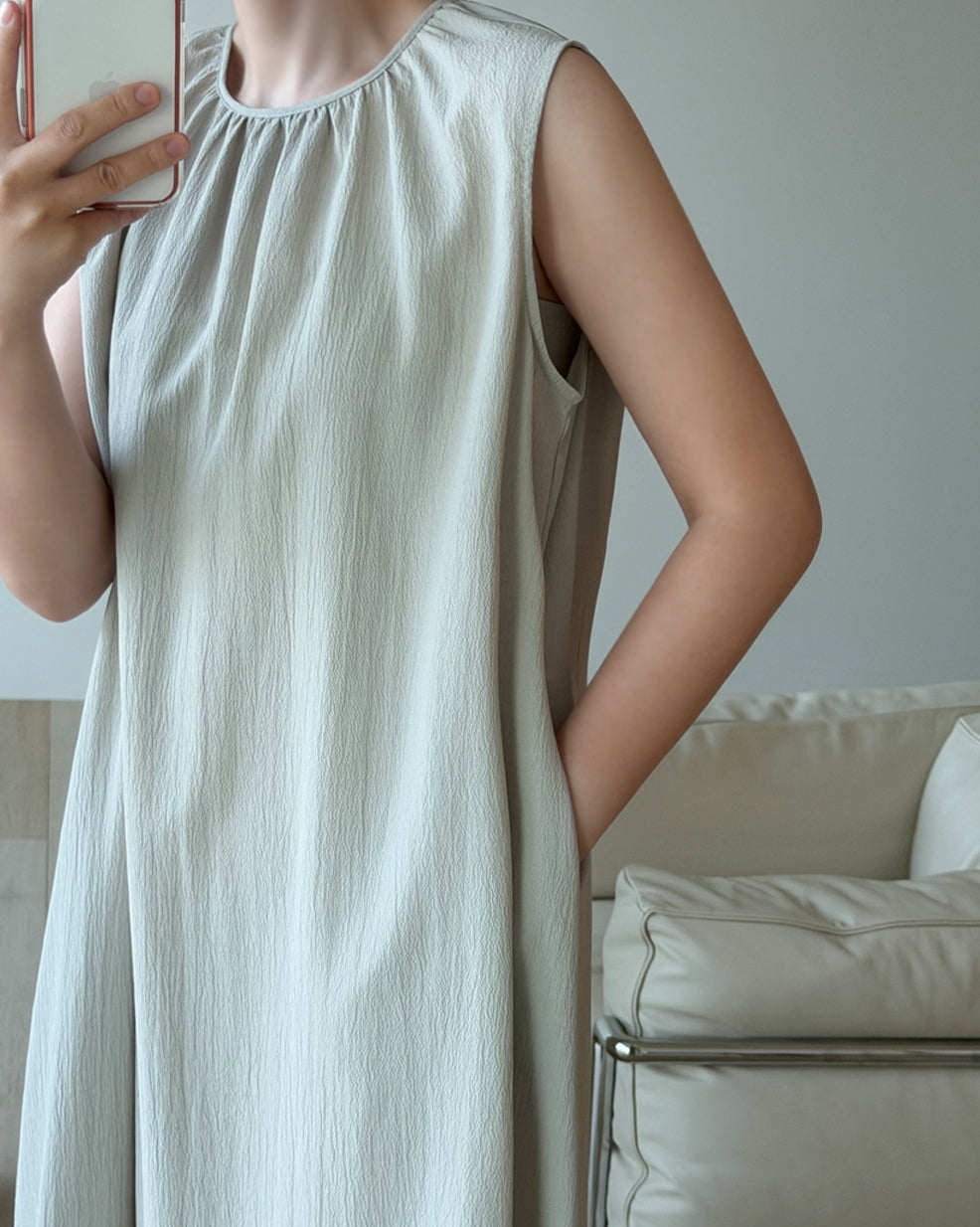 Gathered Neck Textured Long Dress