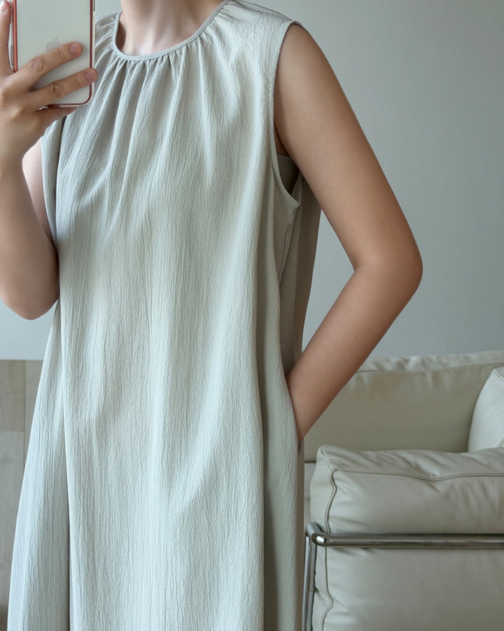 Gathered Neck Textured Long Dress