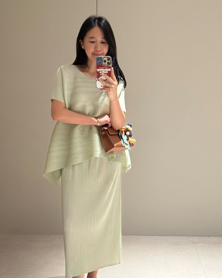 Asymmetric Pleated Top and Maxi Skirt Set