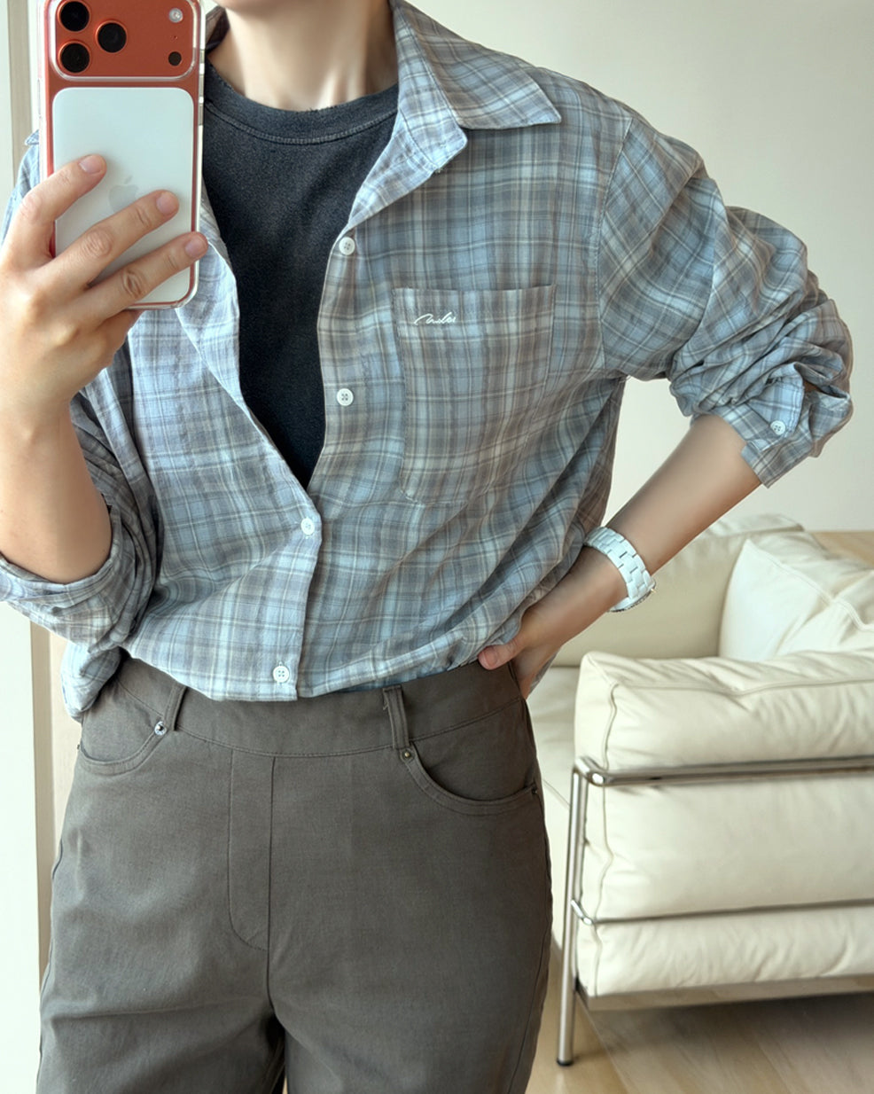 Embroidered Pocket Plaid Button-Down Shirt