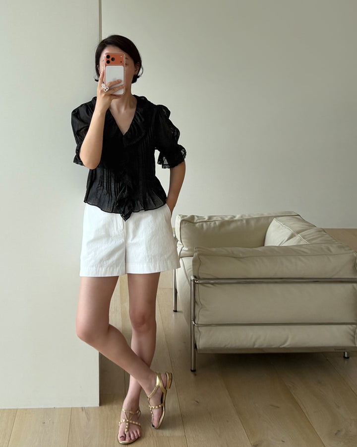 Lace Trim Ruffle Pintuck Blouse