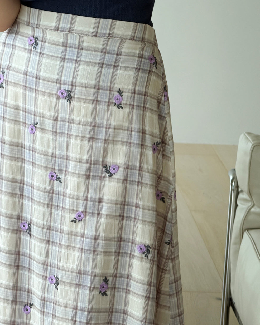 Vintage Floral Embroidered Plaid A-Line Long Skirt