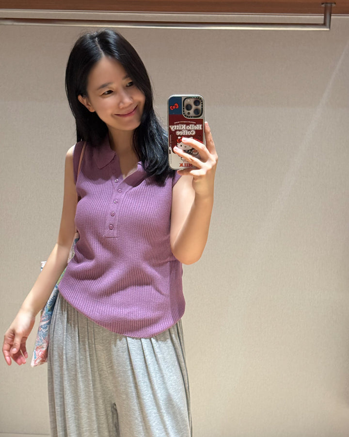 Ribbed Collared Sleeveless Knit Tank
