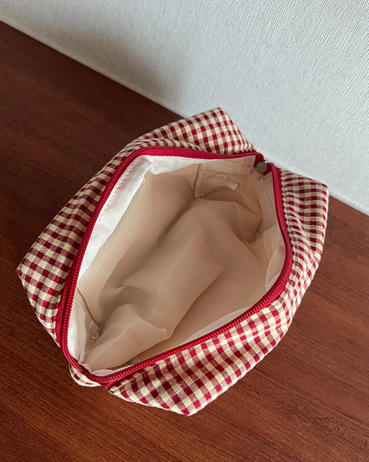 Cherry Embroidery Gingham Pouch