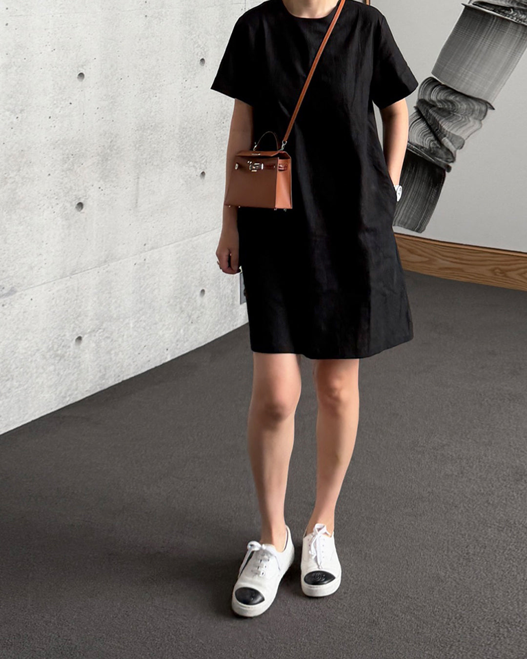 Minimalist Black Linen Pocket Dress