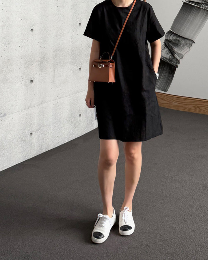 Minimalist Black Linen Pocket Dress
