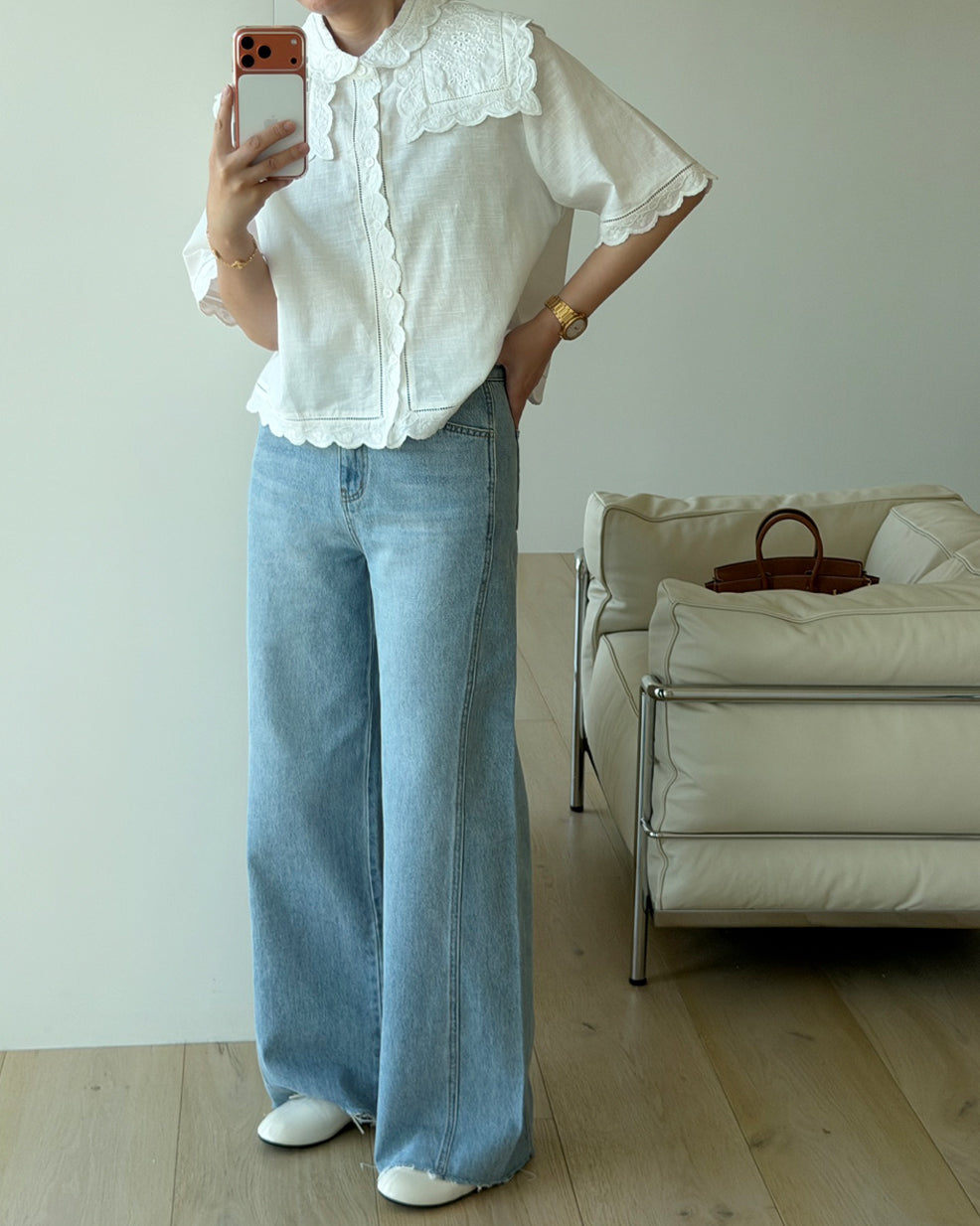 Front Seam Wide Leg Raw Hem Jeans