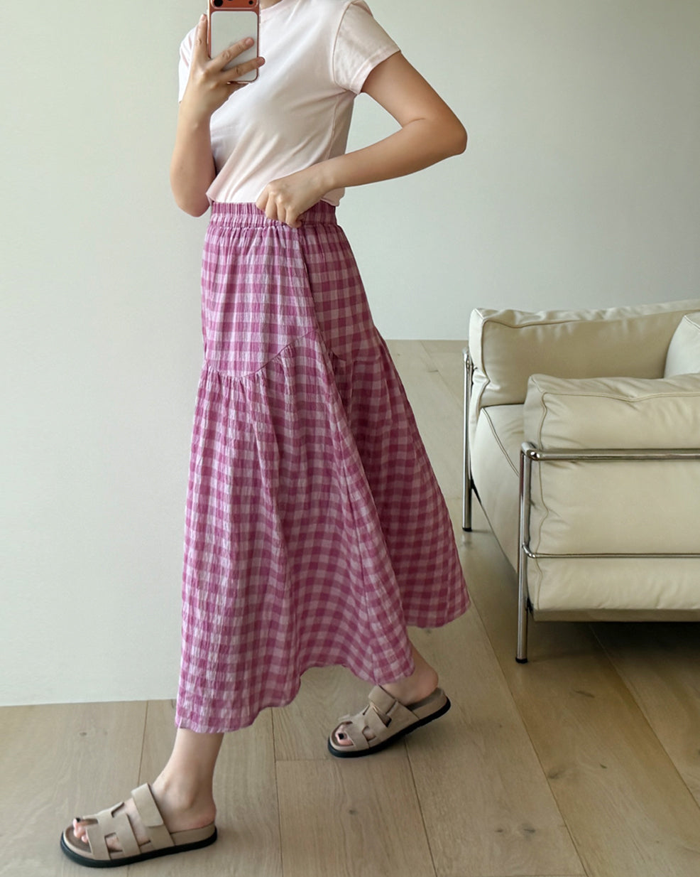 Gingham Tiered Elastic Waist Maxi Skirt