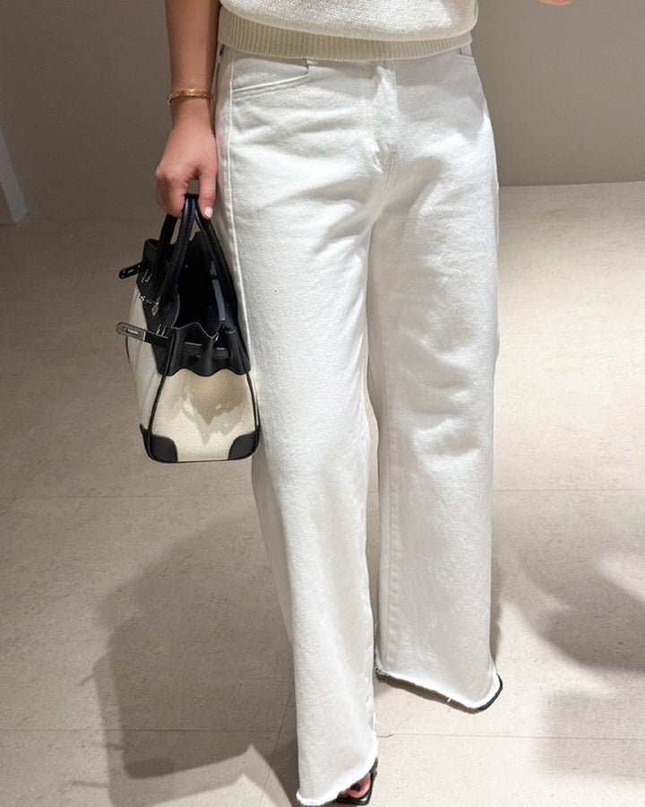 Raw Hem Wide Flared White Jeans