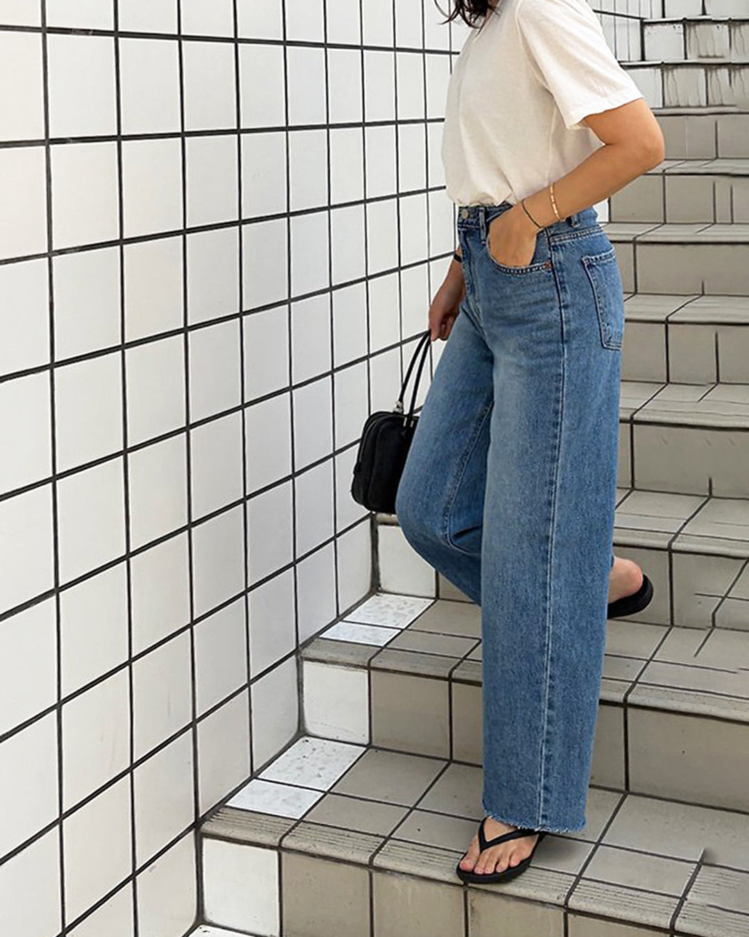 Raw Hem High-Waist Wide Denim Pants