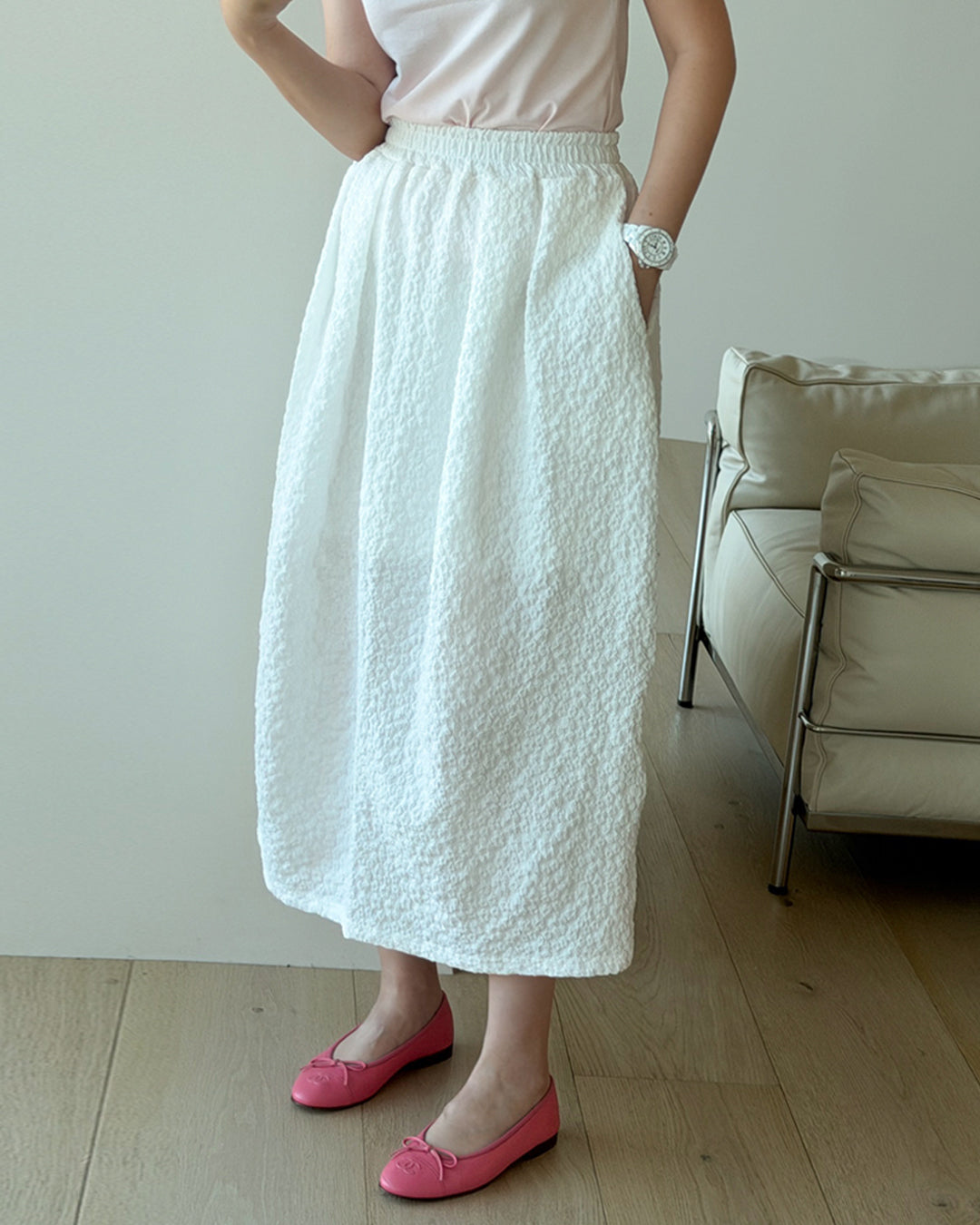 Textured Elastic Waistband Long Skirt