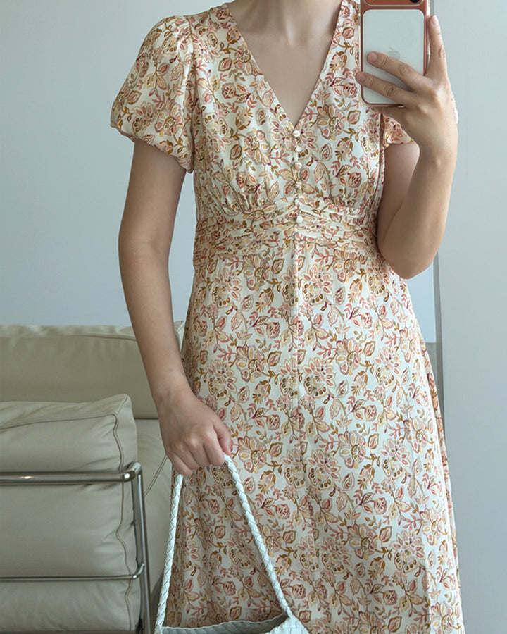 Silk Blend Floral V-Neck Maxi Dress