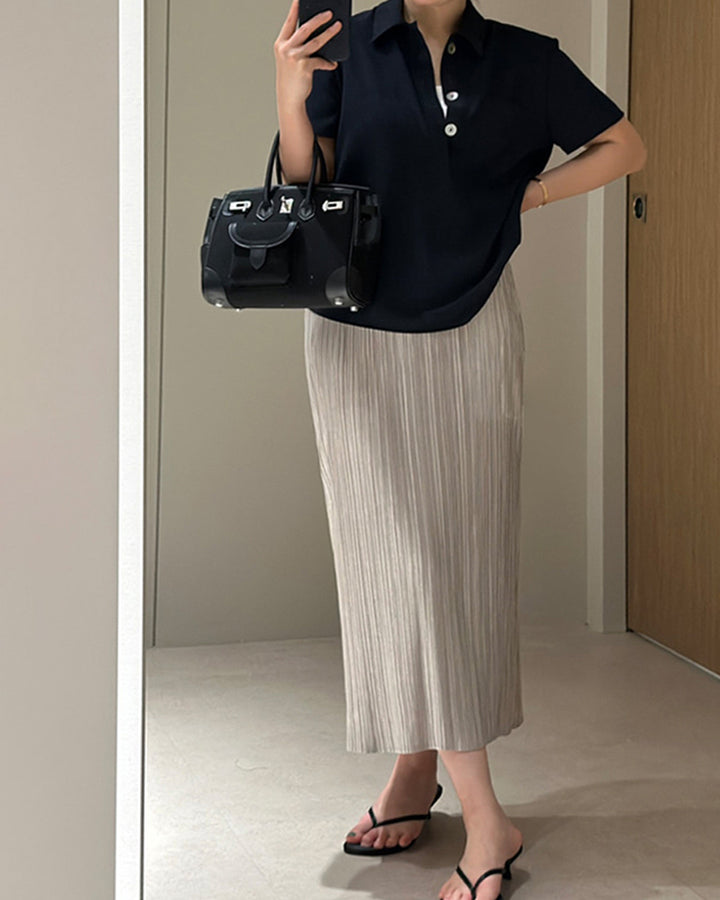Shimmer Pleated Elastic Maxi Skirt