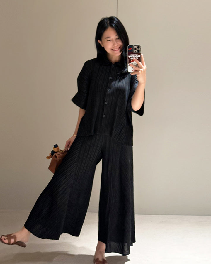 Textured Pleated Button-Down Blouse