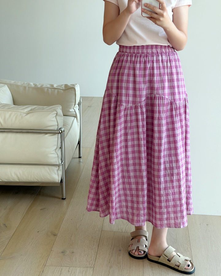 Gingham Tiered Elastic Waist Maxi Skirt