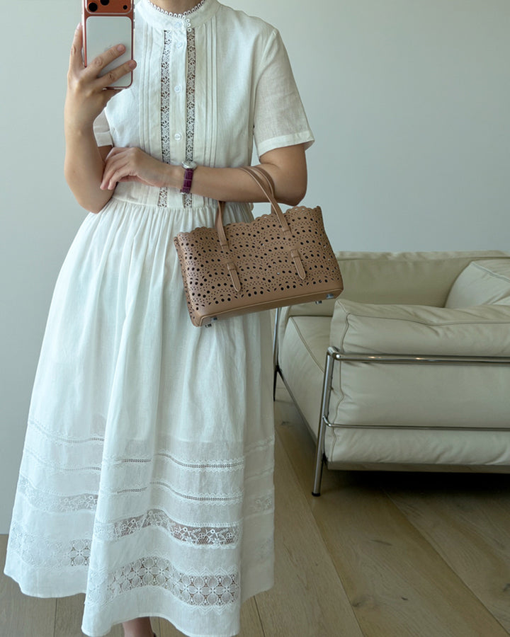 Premium 100% Linen Eyelet Embroidered Dress