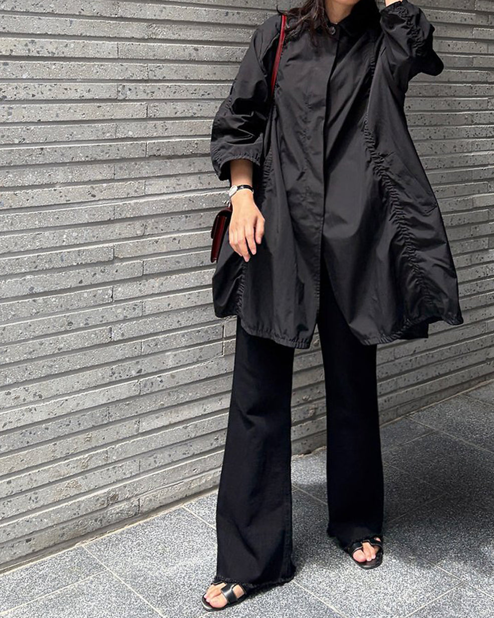 Lightweight Shirred Trench Coat with Stand Collar