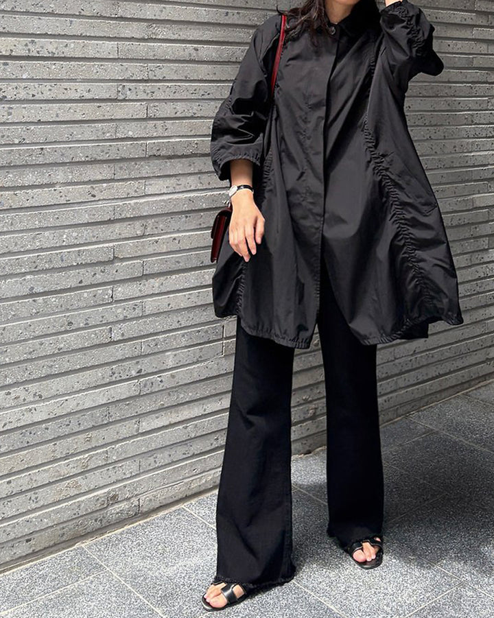 Lightweight Shirred Trench Coat with Stand Collar
