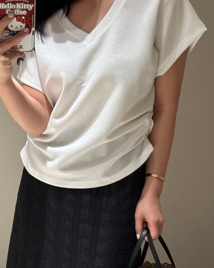 Side Ruched V-Neck Cap Sleeve Top