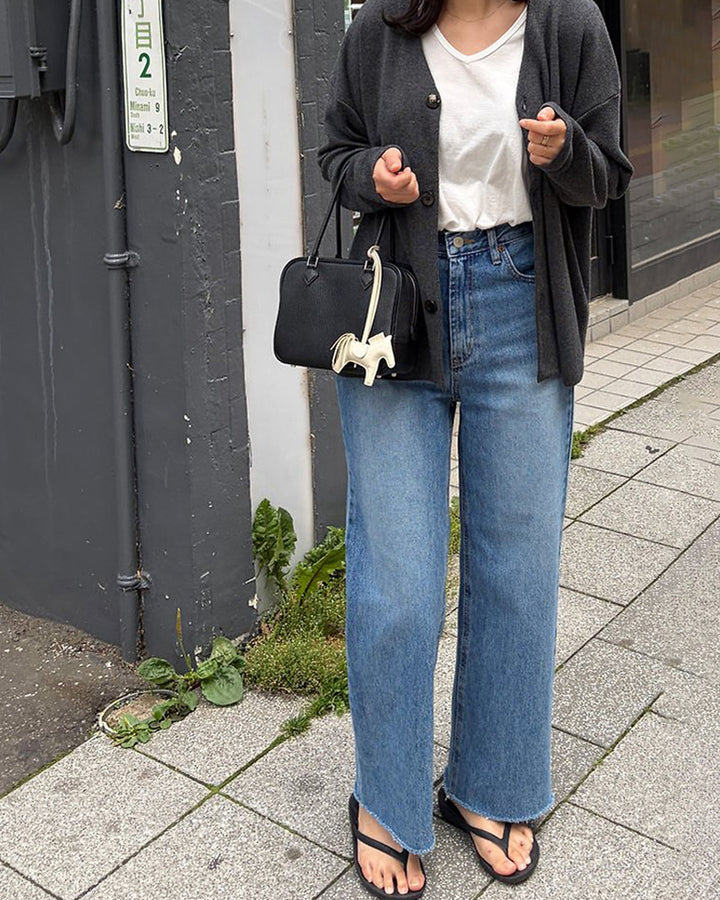 Raw Hem High-Waist Wide Denim Pants