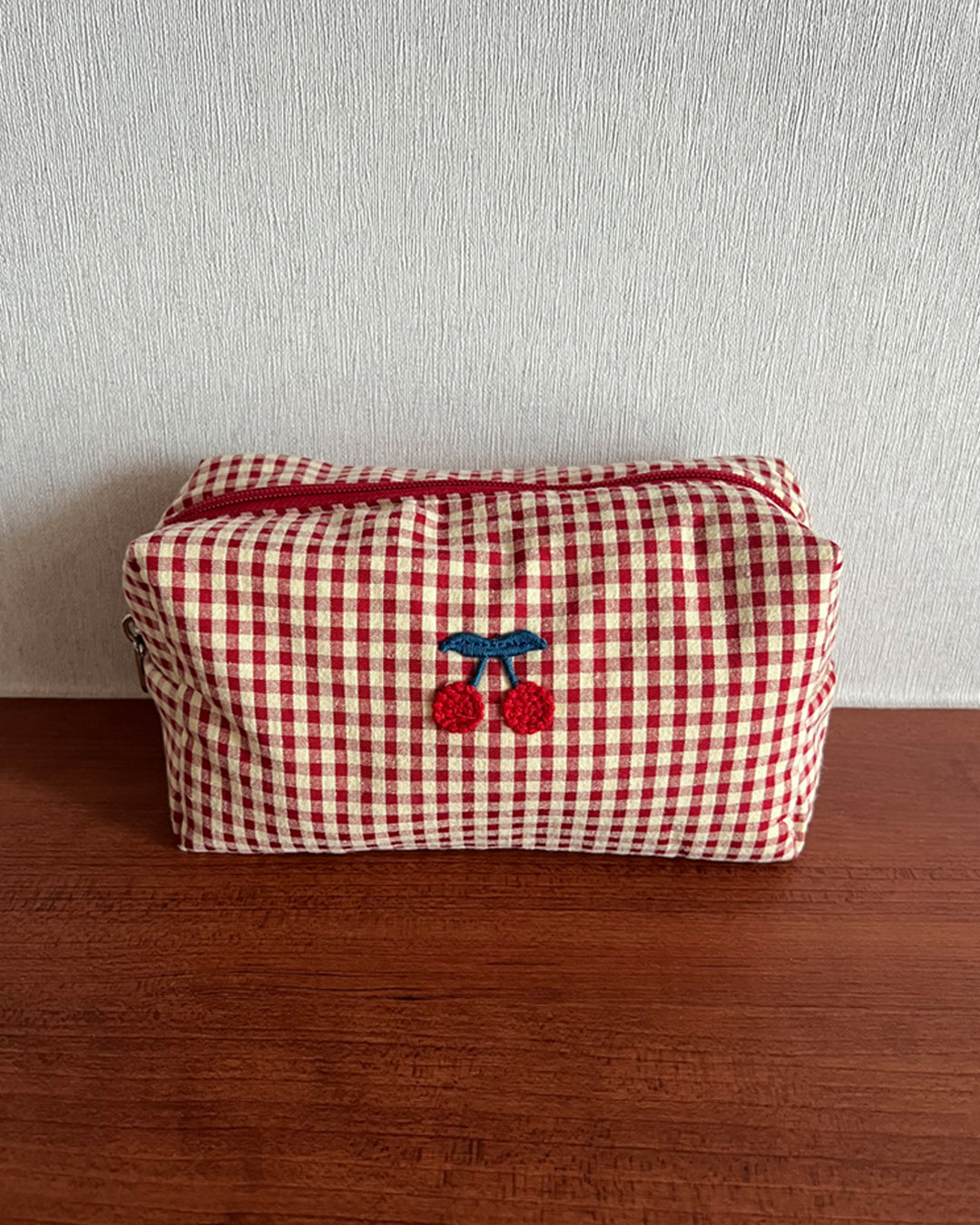 Cherry Embroidery Gingham Pouch