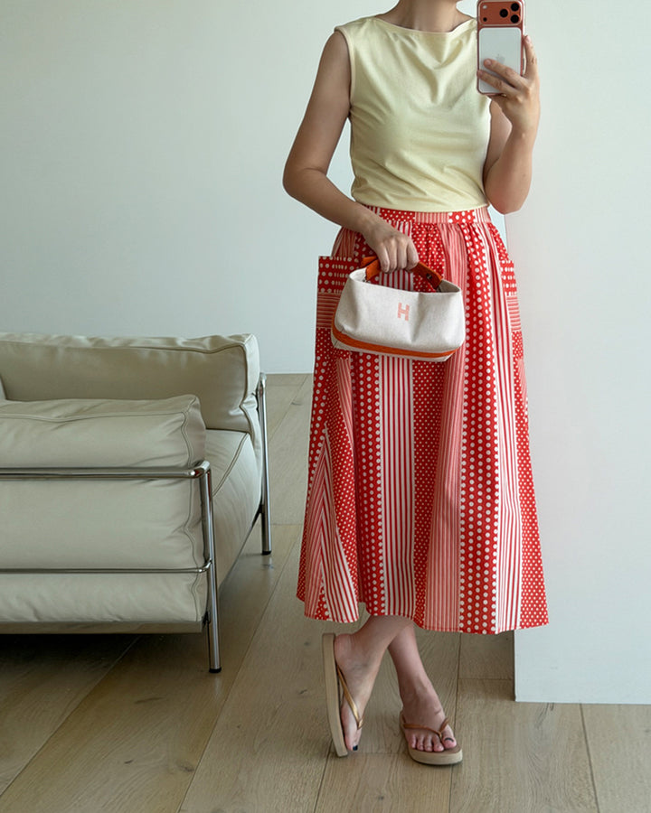 Dot Stripe Patchwork A-Line Midi Skirt