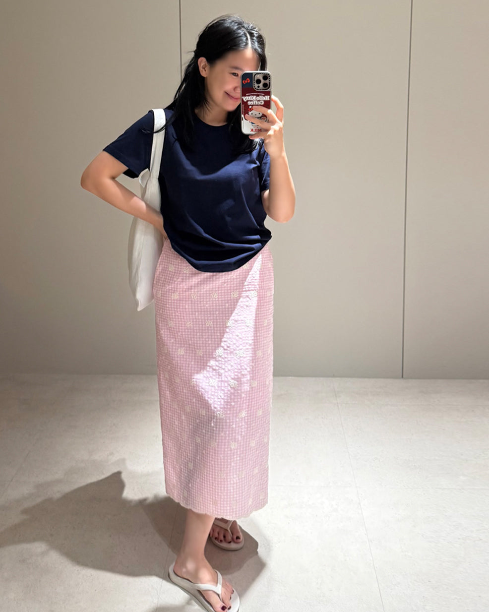 Pink Check Floral Embroidery Straight Skirt