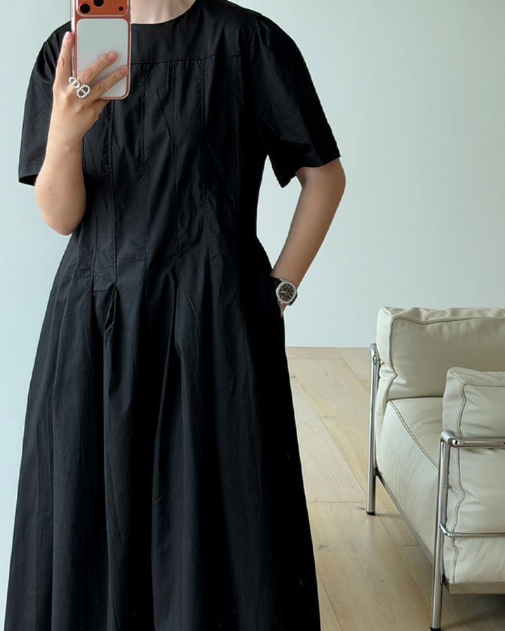 Cotton Pin-Tuck Pleated Maxi Dress