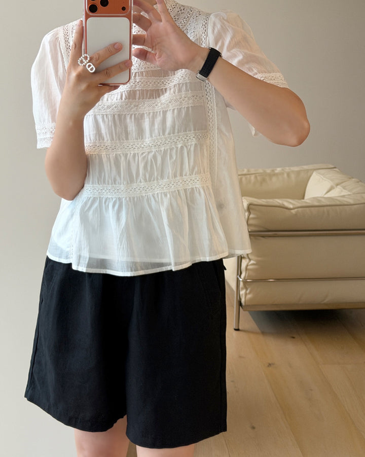Romantic Mock Neck Lace Insert Blouse