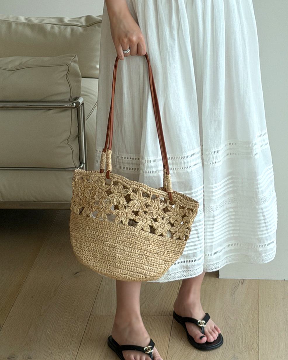 Raffia Crochet Leather Strap Tote