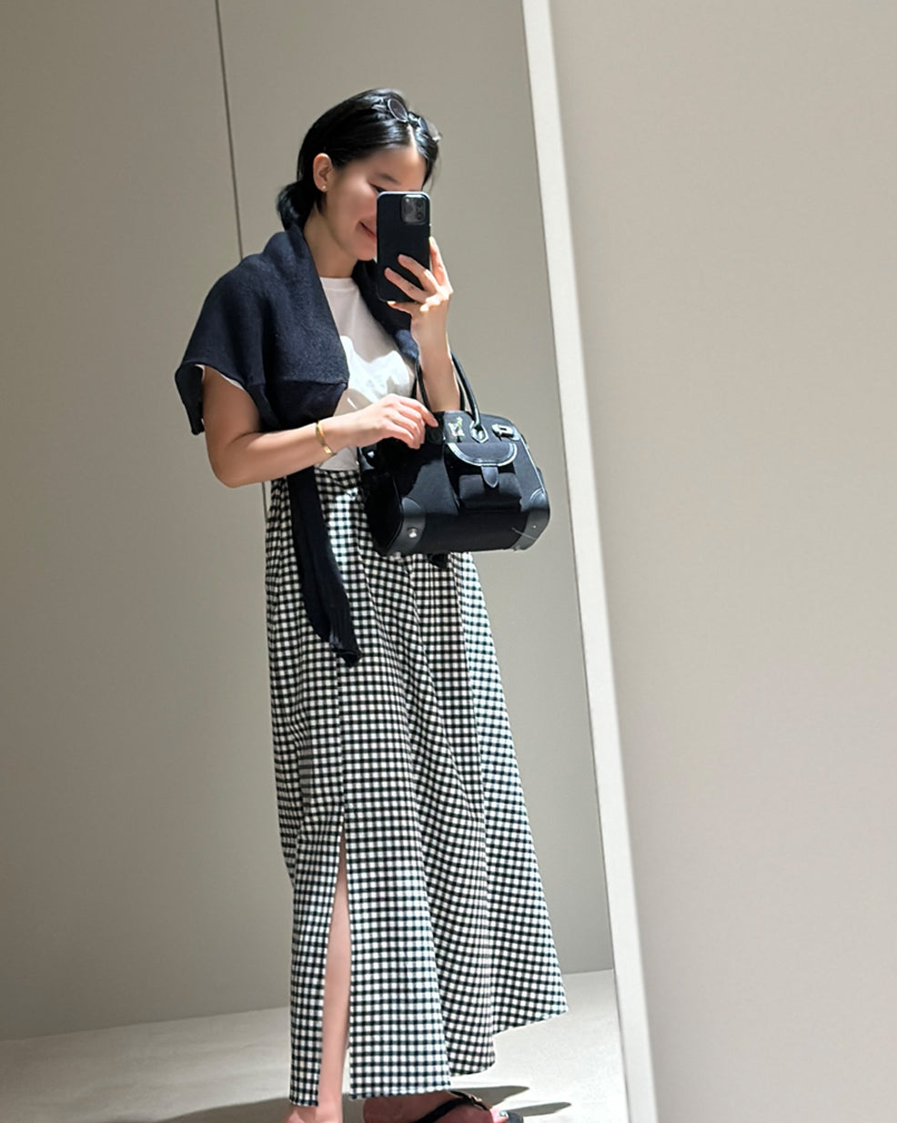 Gingham Check Side-Slit Maxi Skirt