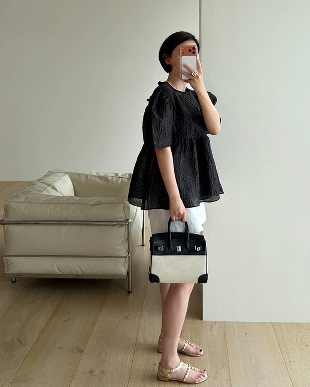 Textured Puff Sleeve Peplum Blouse