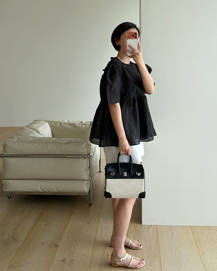 Textured Puff Sleeve Peplum Blouse