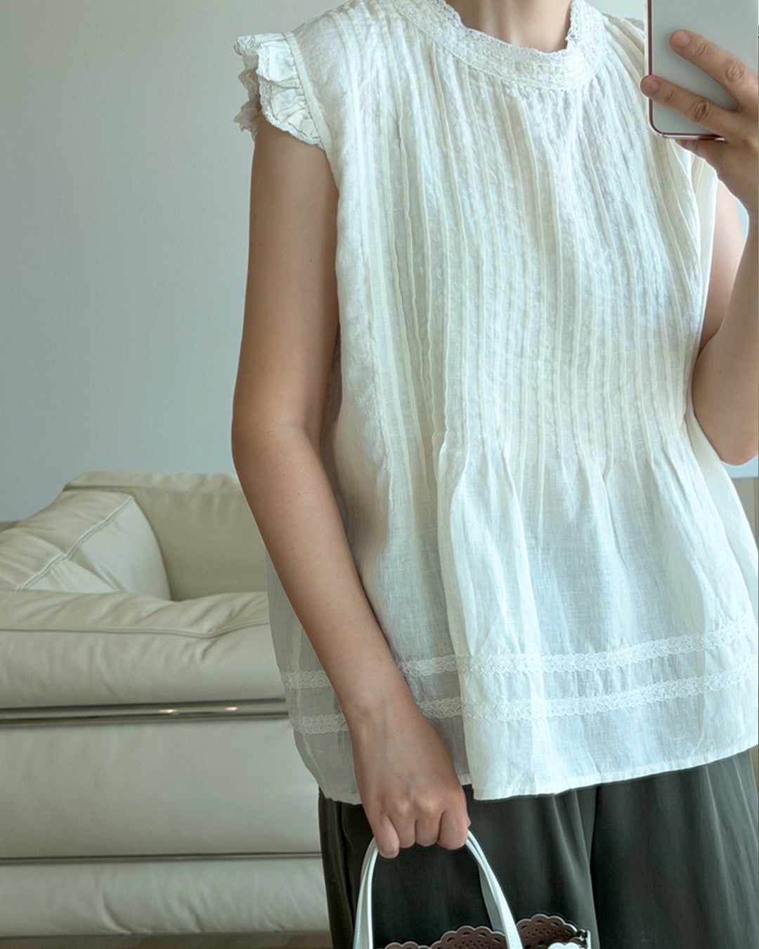100% Linen Pintuck Ruffle Blouse