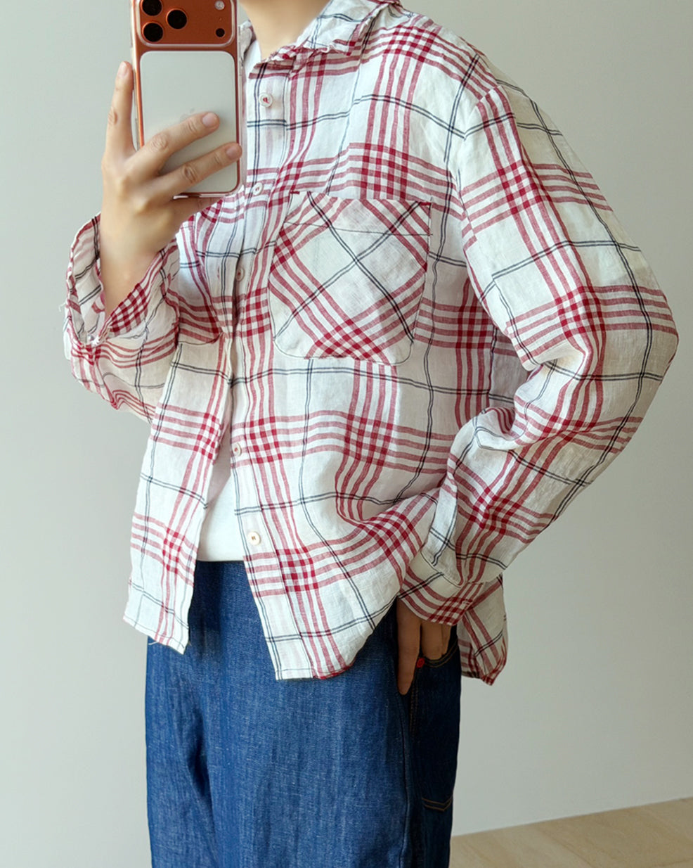 Storynine Airy Linen Plaid Shirt with Contrast Details