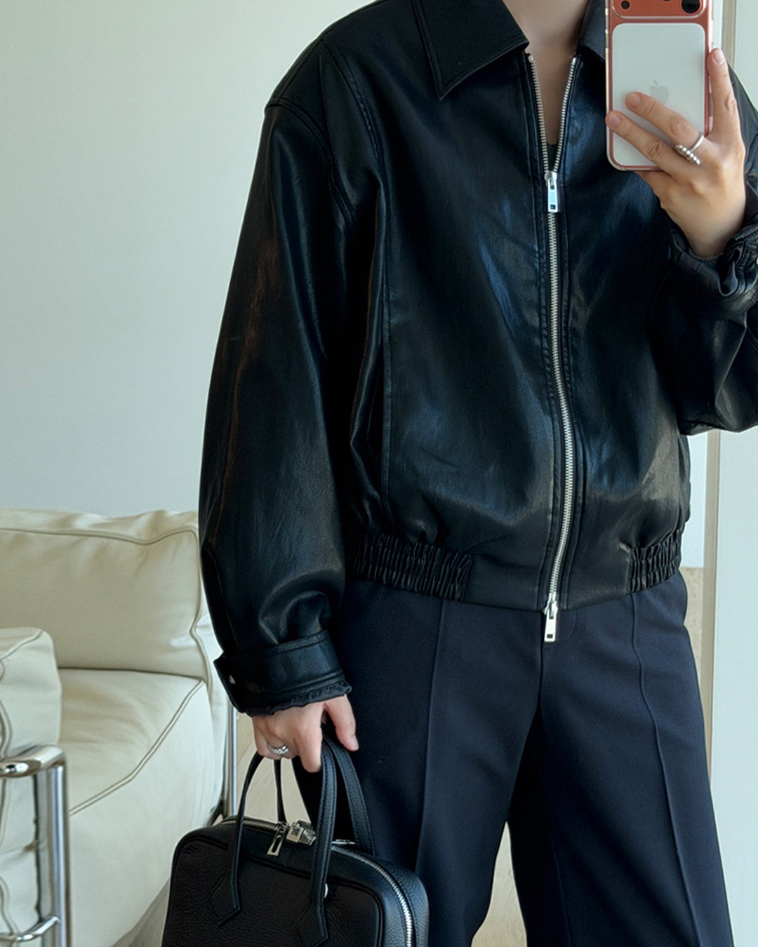 Two-Way Zip Leather Blouson Jacket