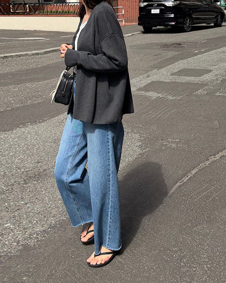 Raw Hem High-Waist Wide Denim Pants