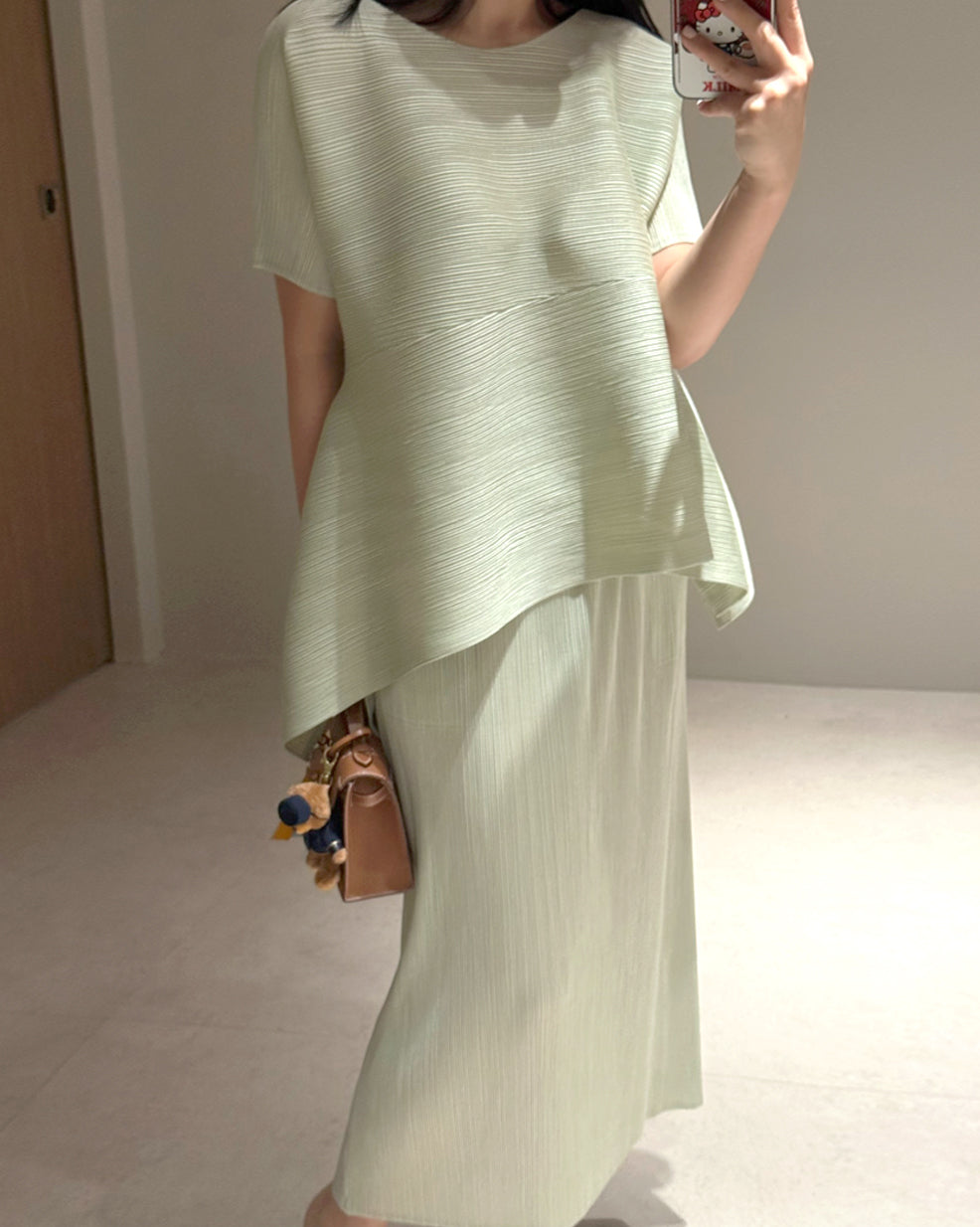 Asymmetric Pleated Top and Maxi Skirt Set