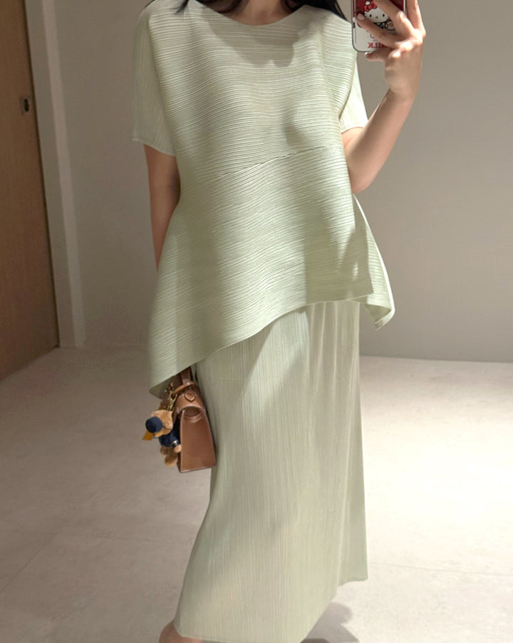 Asymmetric Pleated Top and Maxi Skirt Set