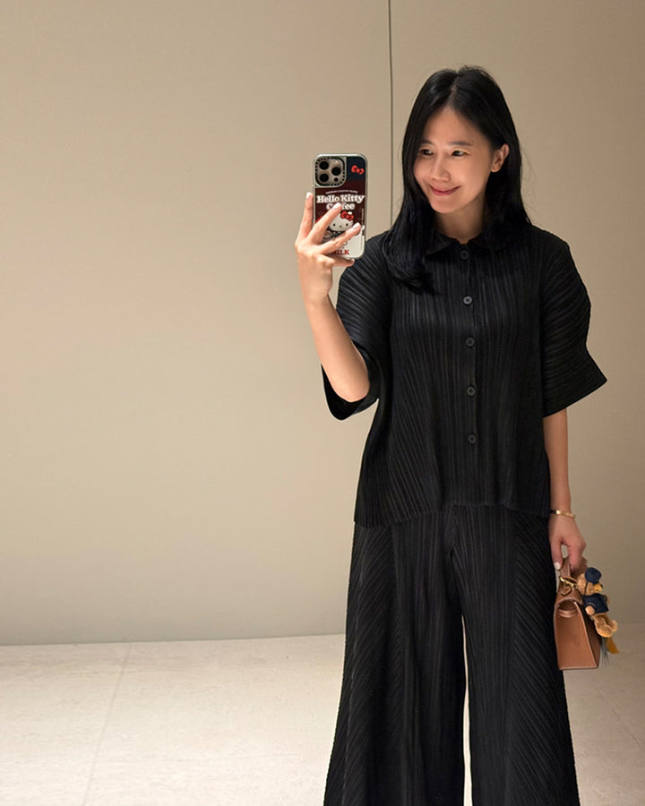 Textured Pleated Button-Down Blouse