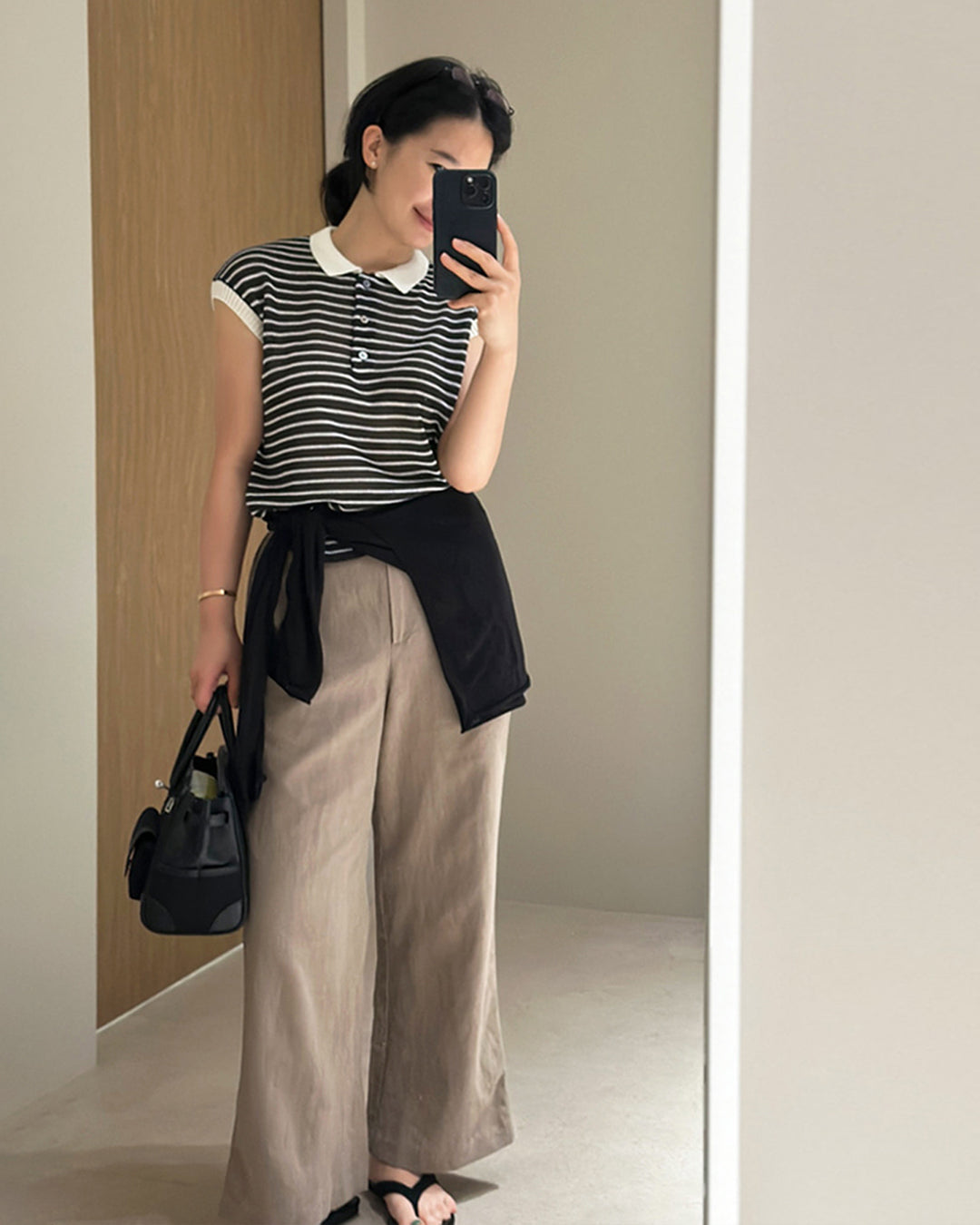 Cap Sleeve Striped Polo Knit Top