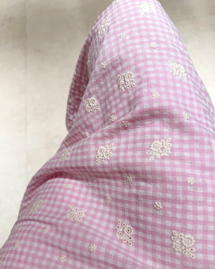 Pink Check Floral Embroidery Straight Skirt