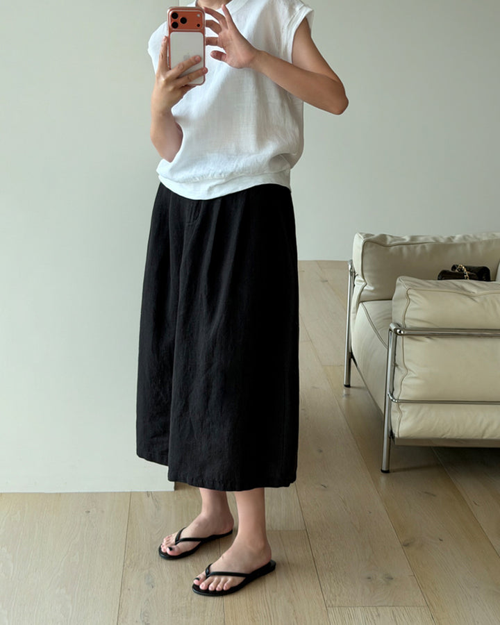 Natural Linen Tuck Midi Skirt