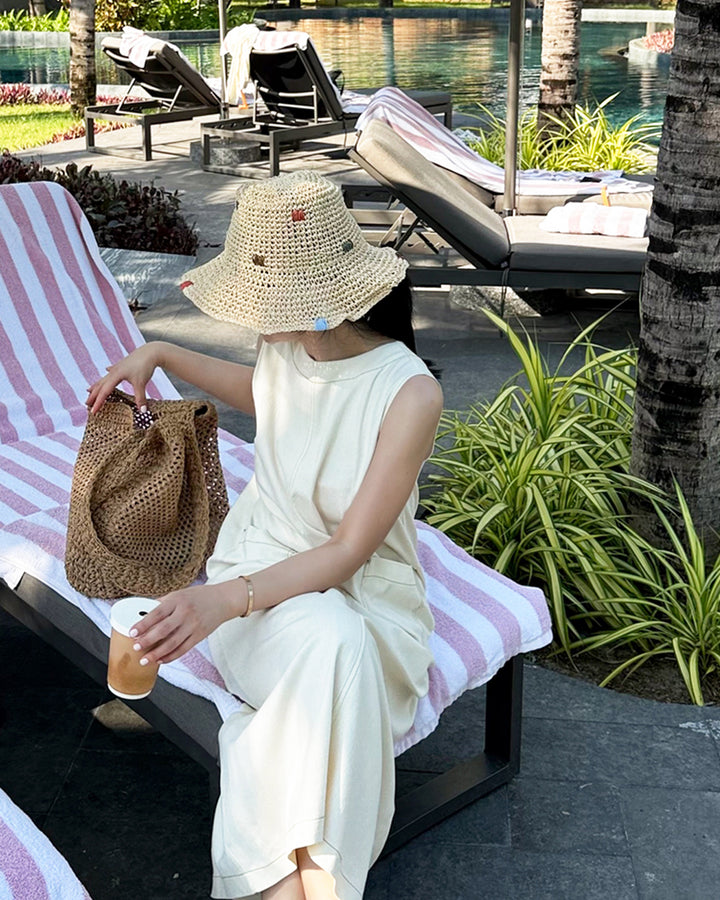 Colorful Embroidered Paper Straw Bucket Hat