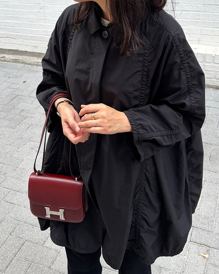 Lightweight Shirred Trench Coat with Stand Collar