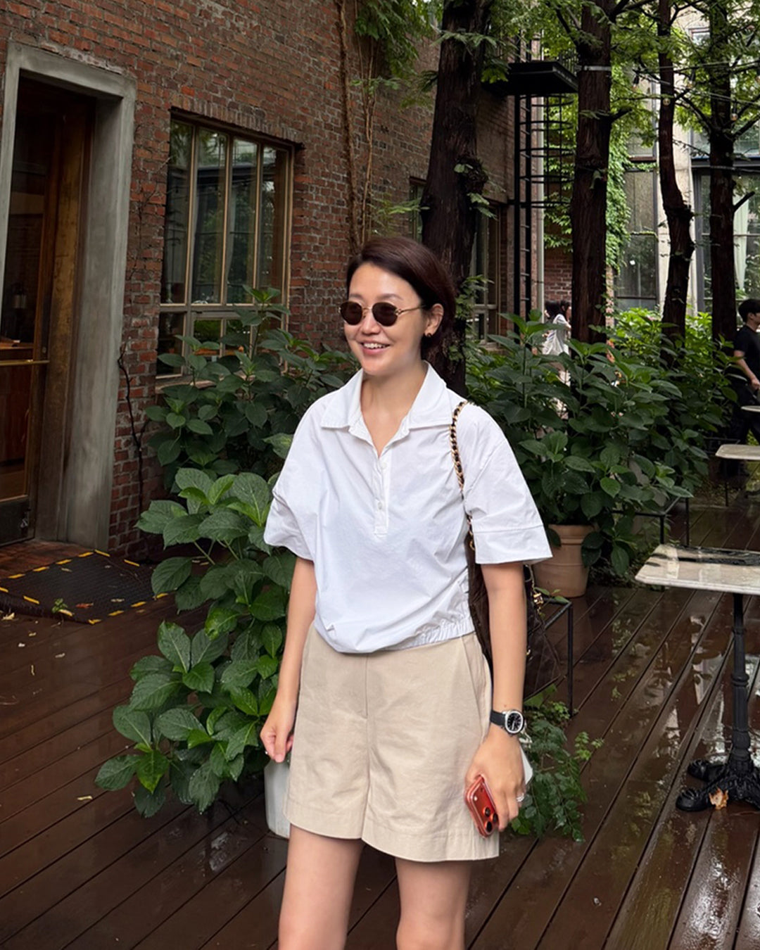 Crisp Cotton Elastic Hem Polo Blouse