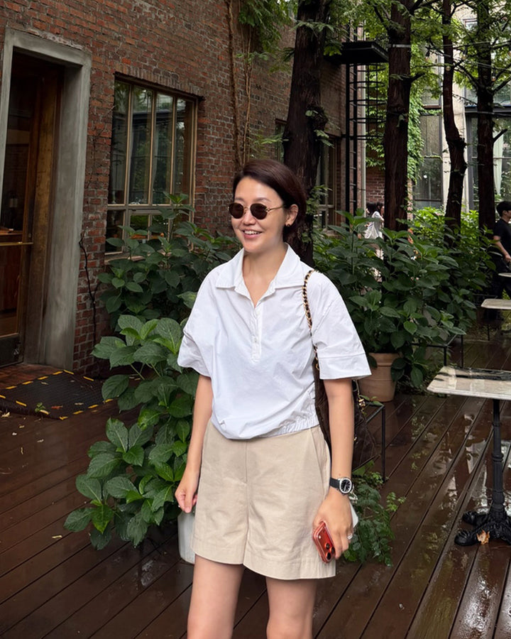 Crisp Cotton Elastic Hem Polo Blouse