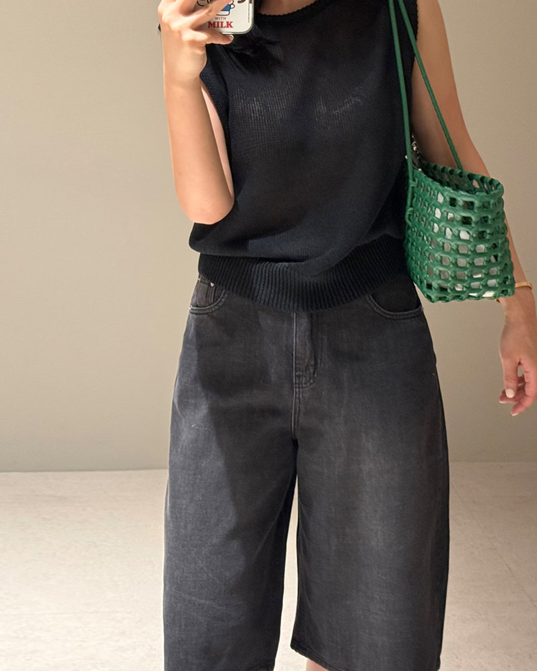 Loose Fit Washed Black Denim Shorts