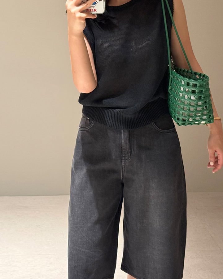 Loose Fit Washed Black Denim Shorts